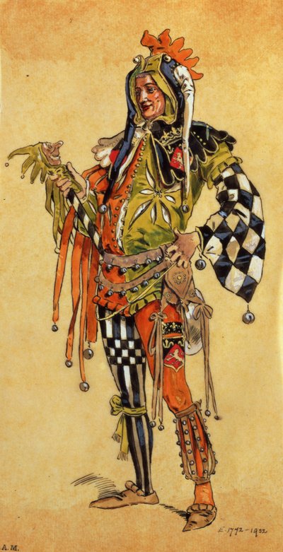 Touchstone il Clown, costume per Come vi Piace, prodotto da R. Courtneidge al Princes Theatre, Manchester da C. Wilhelm